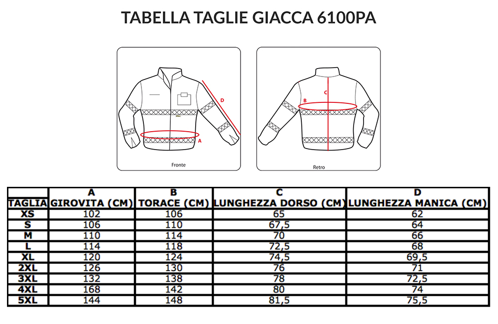 taglie giacca 6100pa