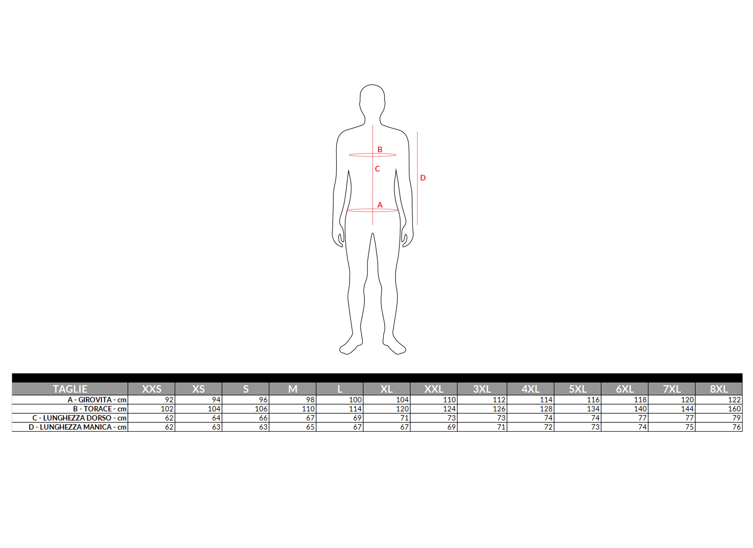 tabella taglie giacca misericordia tecnica b-max 600